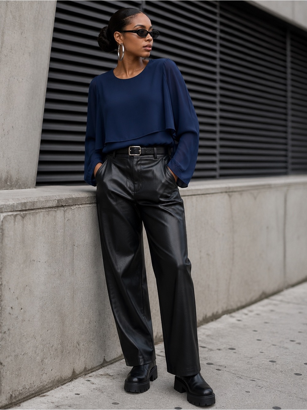 Zara Basic Navy Layered Chiffon Blouse Long Sleeve Flow Top